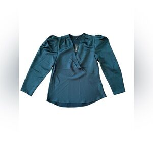 Express Dark Hunter Green Silky Textured Puff Sleeve Blouse Top Vneck Size S